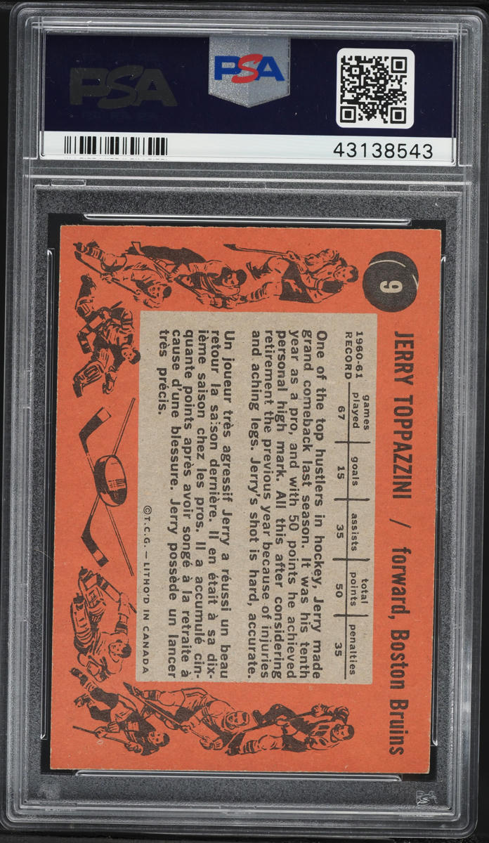 1961 Topps Hockey Jerry Toppazzini #9 PSA 8 NM-MT