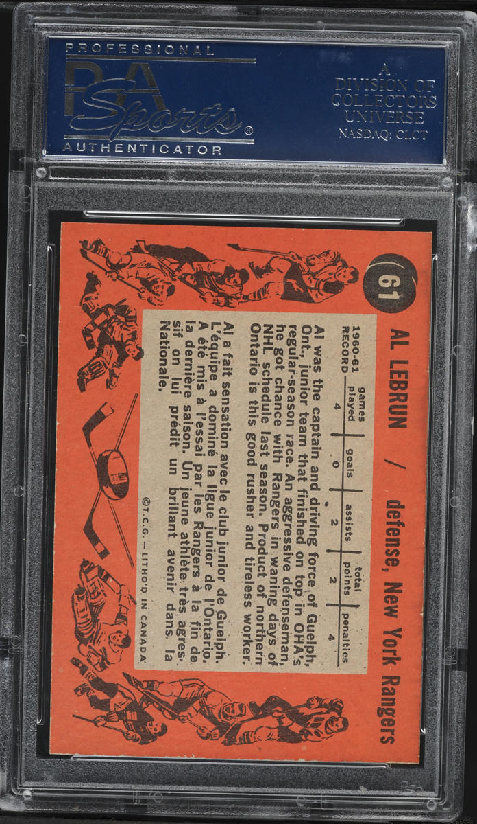 1961 Topps Hockey Al LeBrun ROOKIE #61 PSA 8 NM-MT