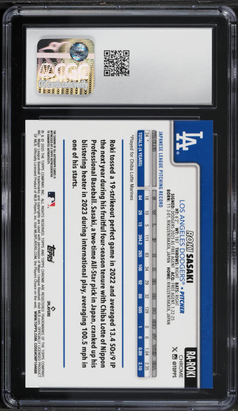 2025 Topps Chrome Purple Refractor Roki Sasaki ROOKIE AUTO /250