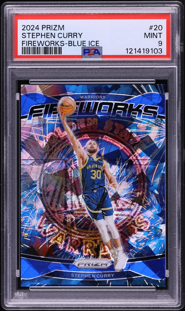 2024 Panini Prizm Fireworks Blue Ice Stephen Curry /125 #20 PSA 9 MINT