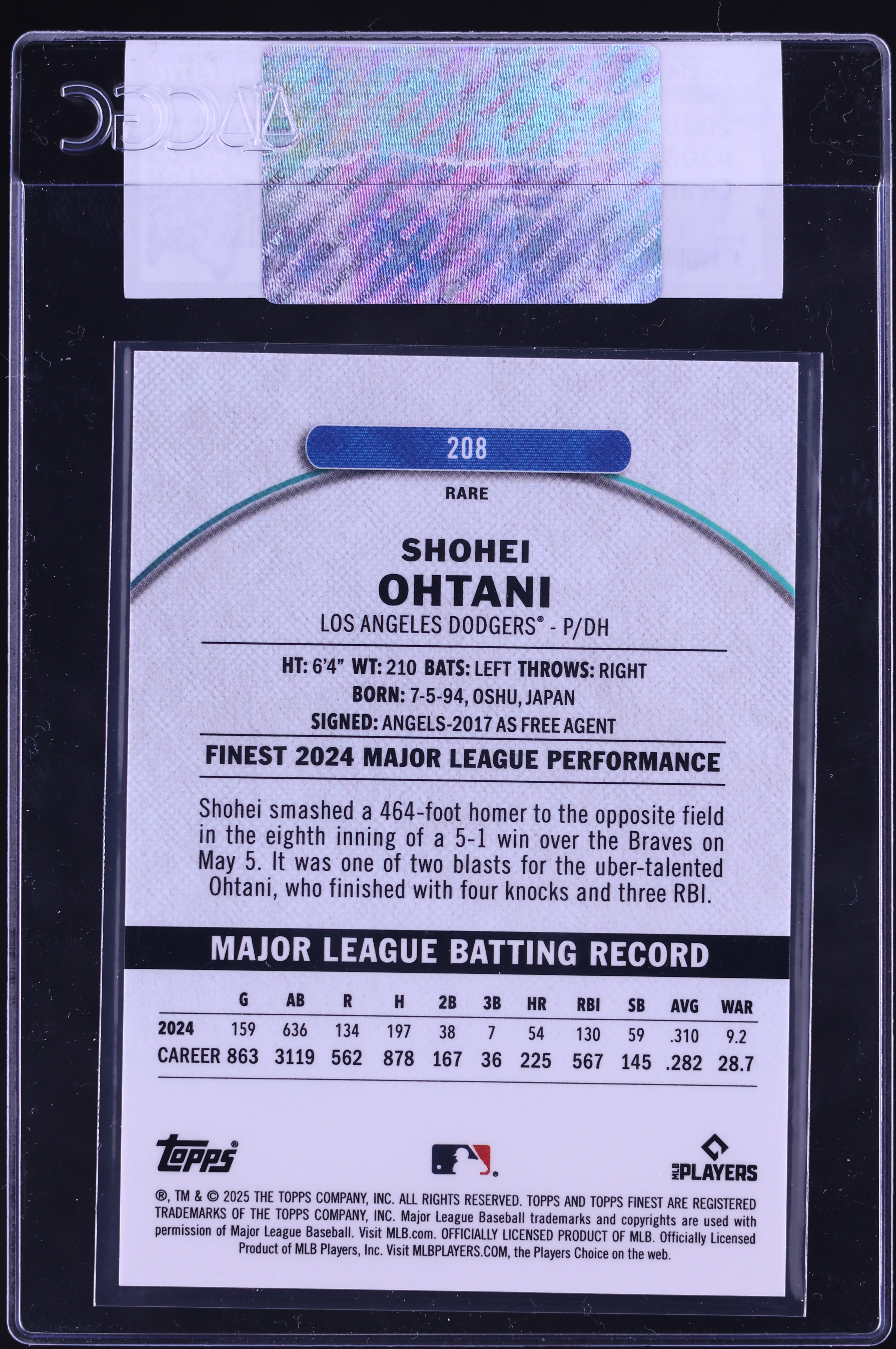 2025 Finest Orange Refractor Shohei Ohtani /15 #208 CGC AUTH on