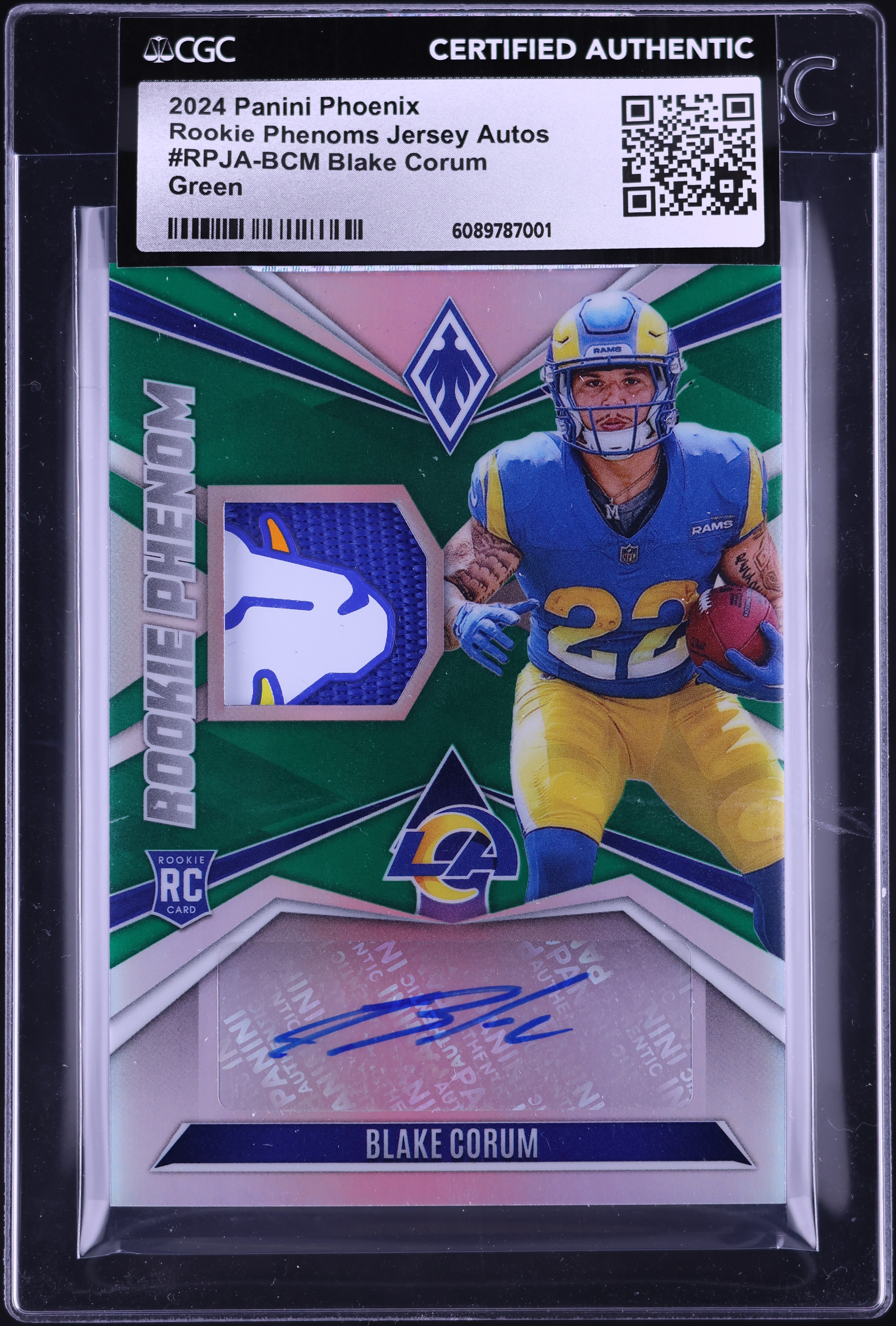 2024 Panini Phoenix Phenom Green Blake Corum ROOKIE PATCH AUTO /25