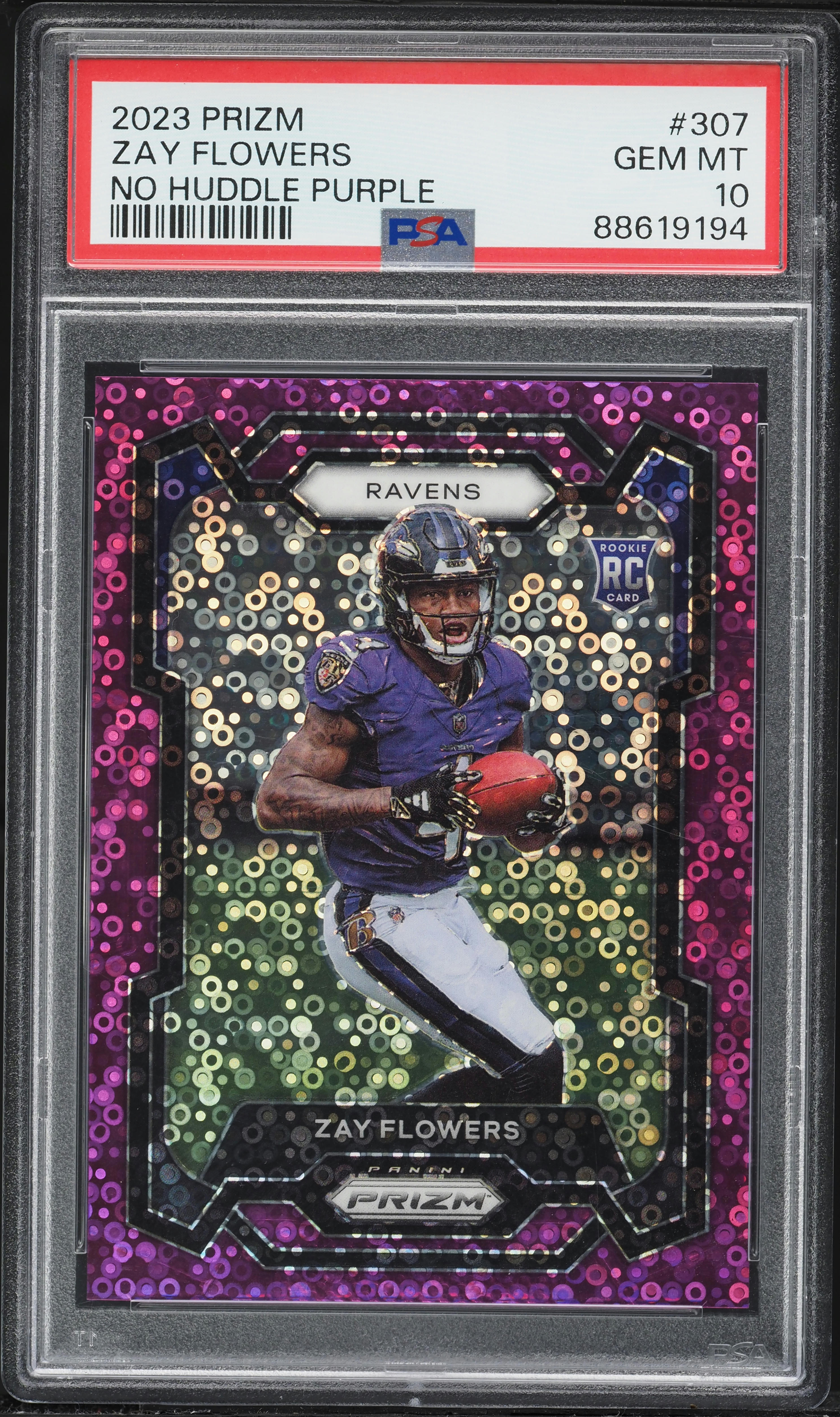 2023 Panini Prizm No Huddle Purple Zay Flowers ROOKIE /35 #307 PSA
