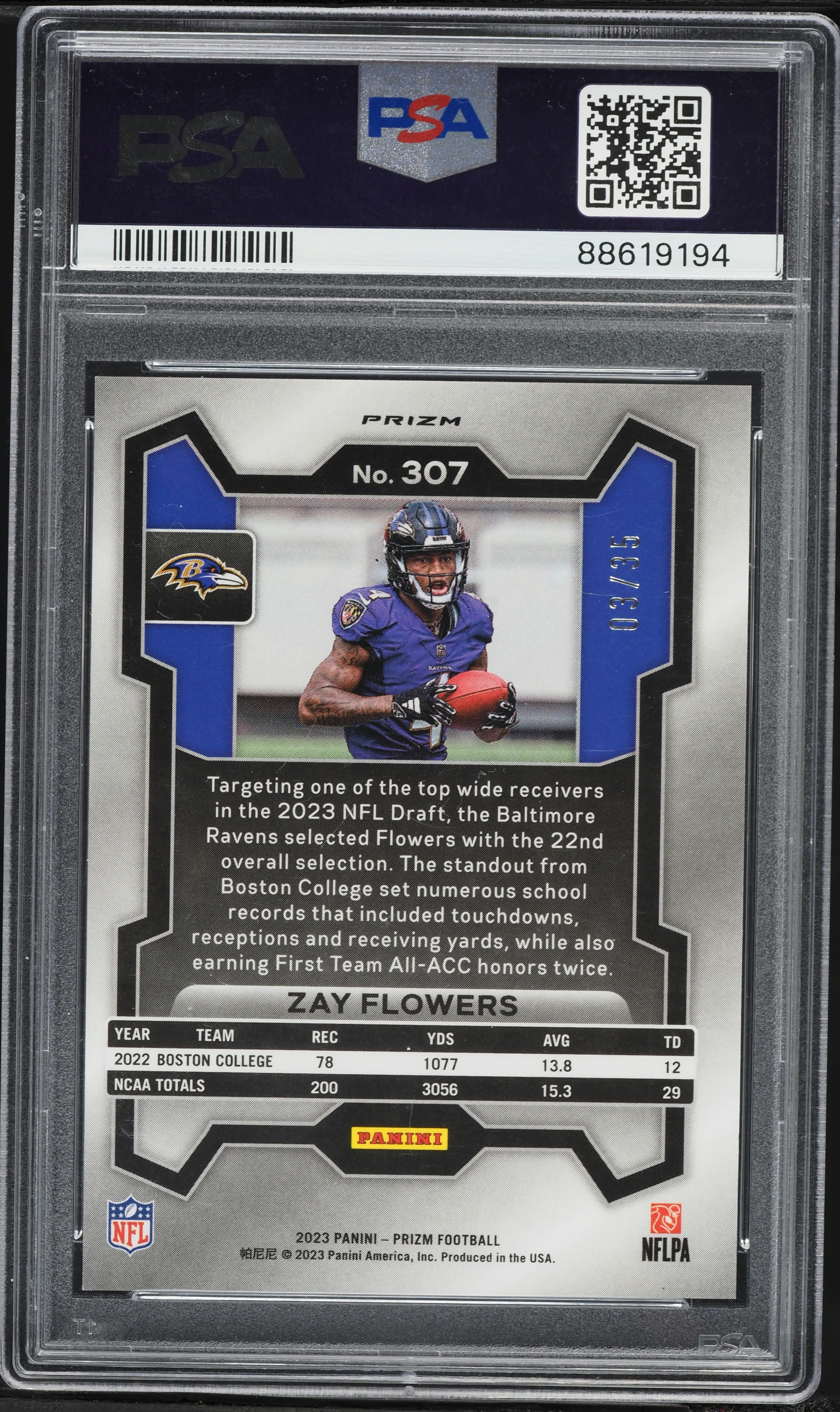 2023 Panini Prizm No Huddle Purple Zay Flowers ROOKIE /35 #307 PSA