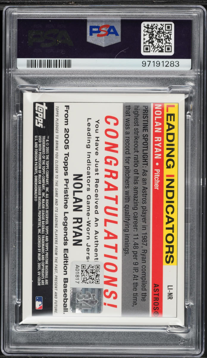 2005 Topps Pristine Legends League Indicators Nolan Ryan PATCH AUTO DNA 10 #LI-NR PSA 9 MINT
