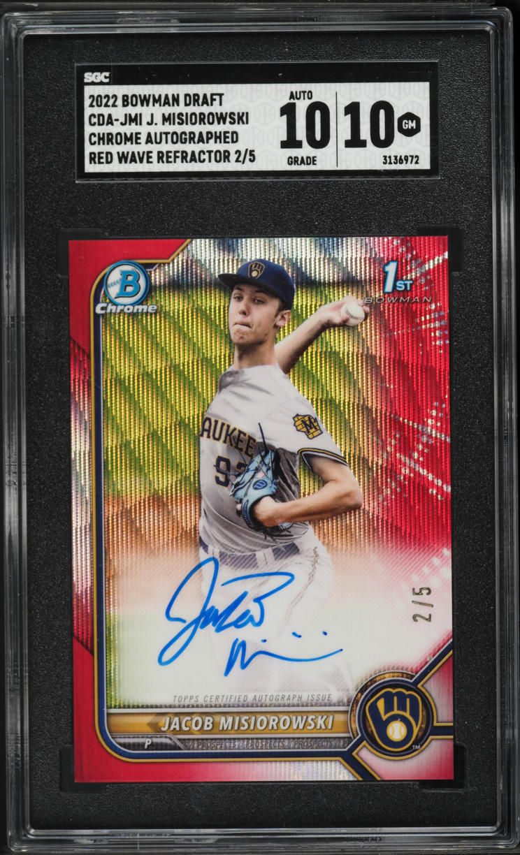 2022 Bowman Draft Chrome Red Wave Refractor Jacob Misiorowski PROSPECT AUTO /5 #CDA-JMI SGC 10