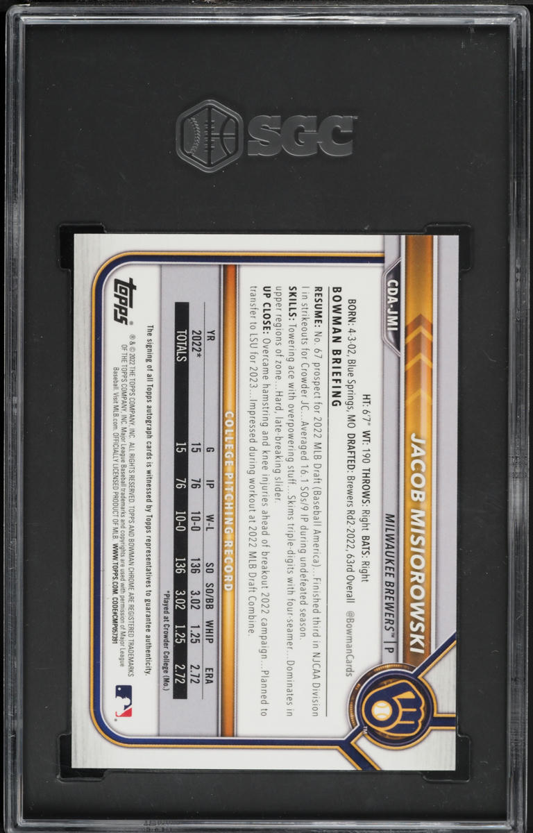 2022 Bowman Draft Chrome Red Wave Refractor Jacob Misiorowski PROSPECT AUTO /5 #CDA-JMI SGC 10