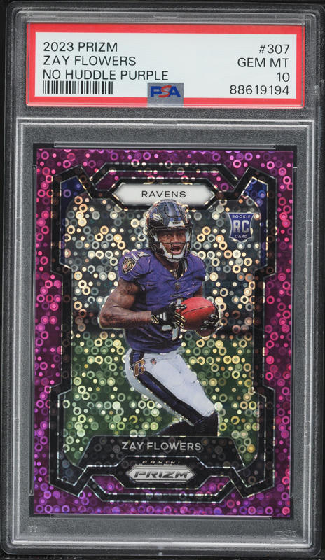 2023 Panini Prizm No Huddle Purple Zay Flowers ROOKIE /35 #307 PSA