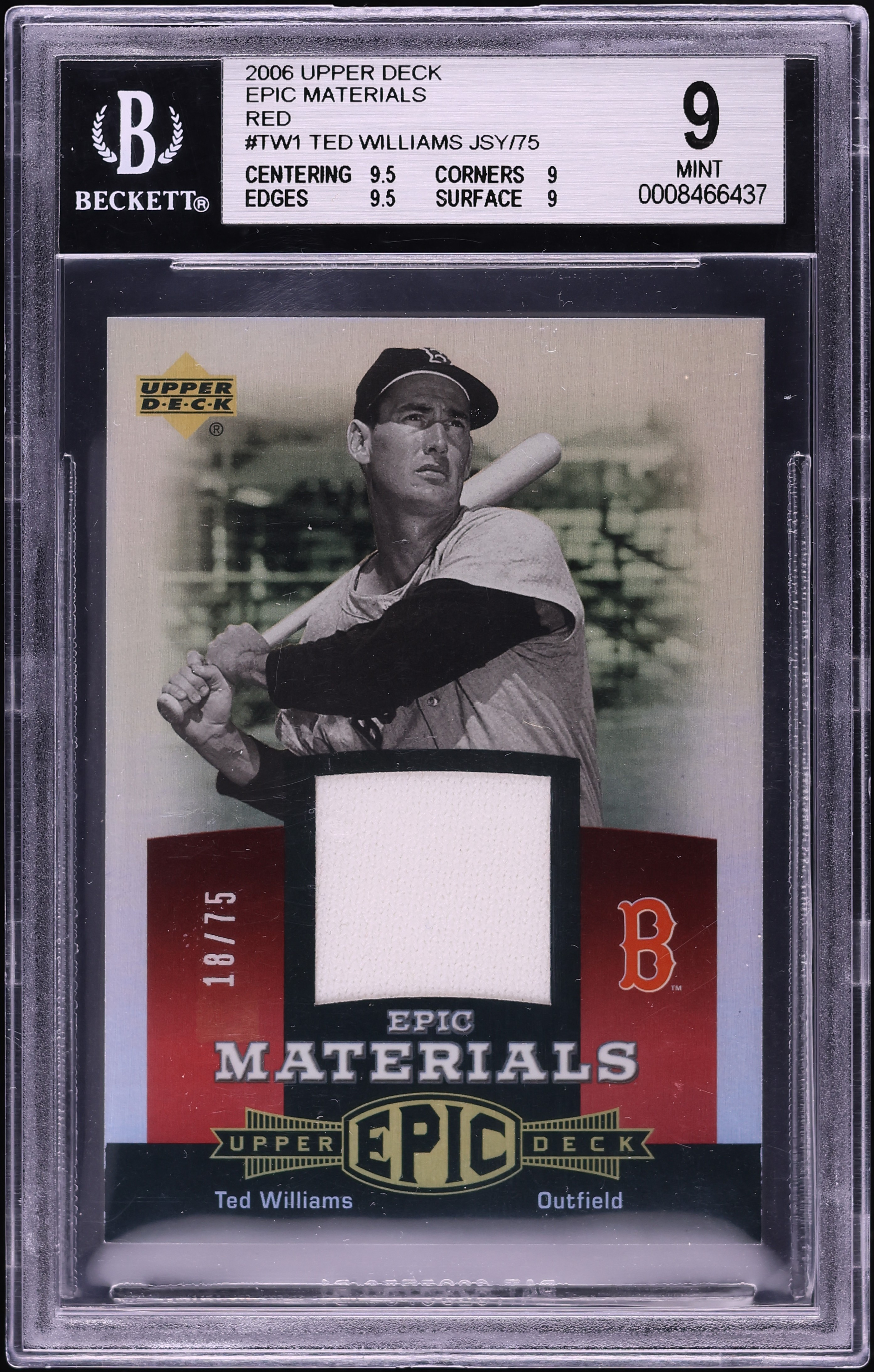 2006 Upper Deck Epic Materials Red Ted Williams PATCH /75 #TW1 BGS
