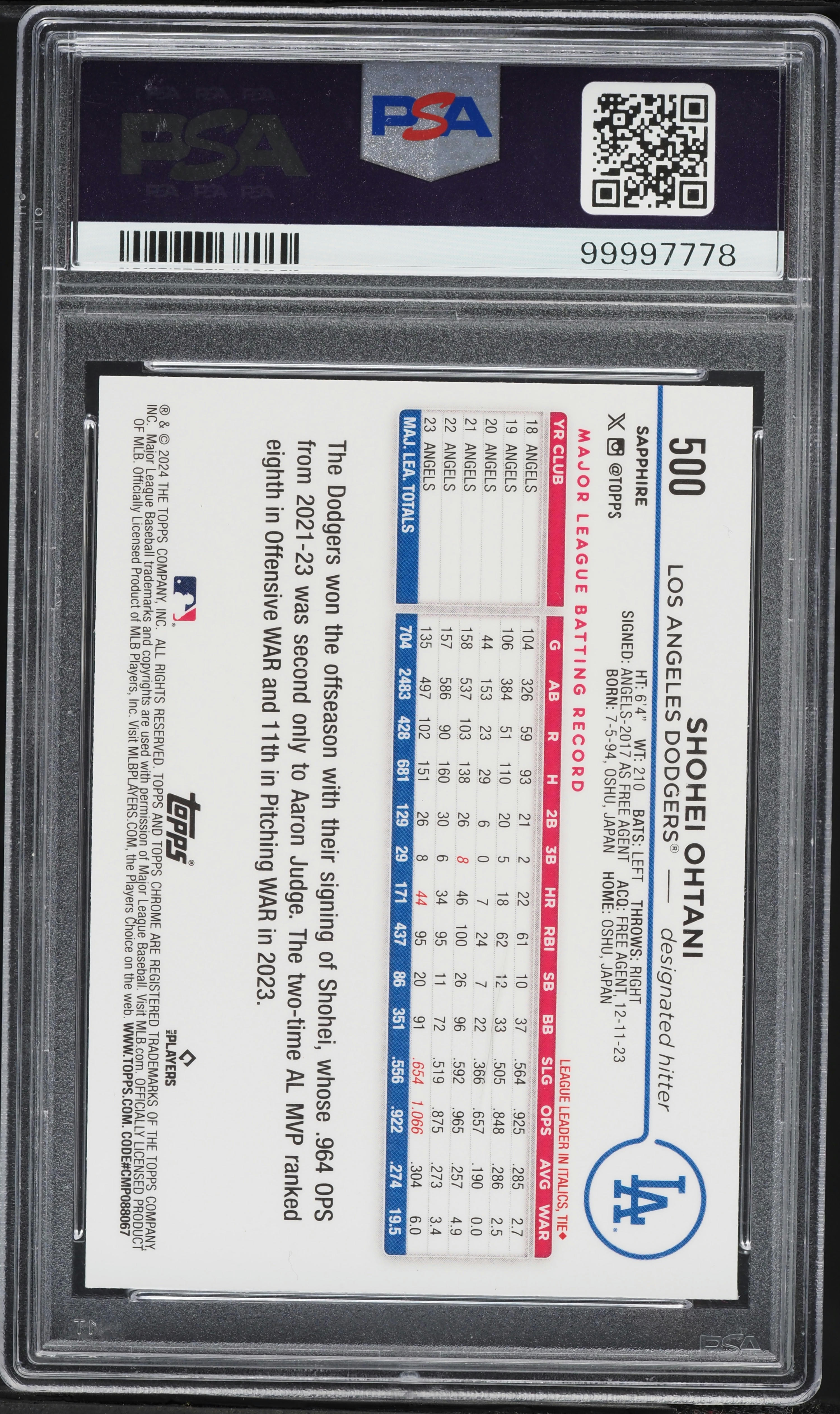 2024 Topps Chrome Sapphire Edition Orange Shohei Ohtani /25 #500