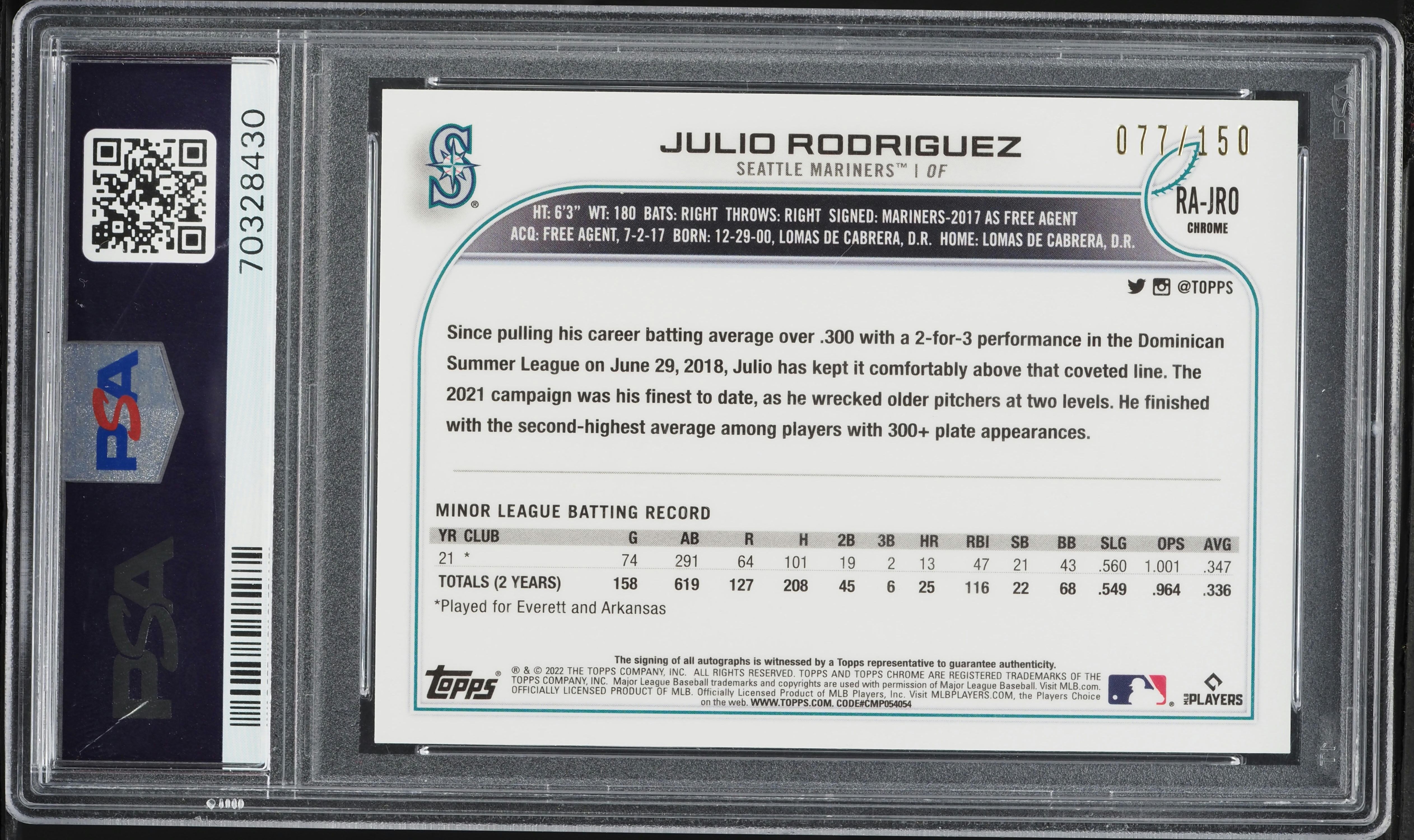 2022 Topps Chrome Blue Refractor Julio Rodriguez ROOKIE AUTO /150 