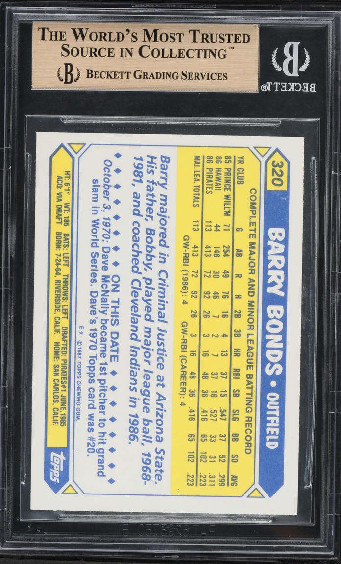 1987 Topps Tiffany Barry Bonds ROOKIE #320 BGS 9.5 GEM MINT