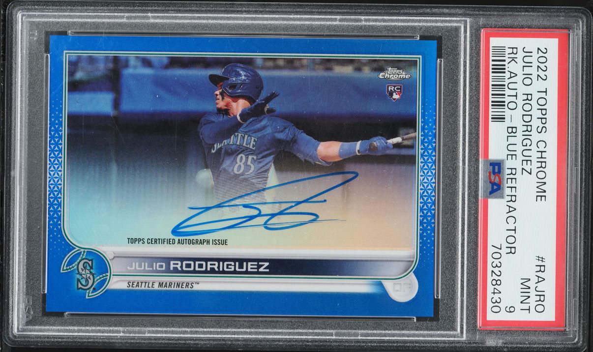 2022 Topps Chrome Blue Refractor Julio Rodriguez ROOKIE AUTO /150 #RA-JRO PSA 9 MINT