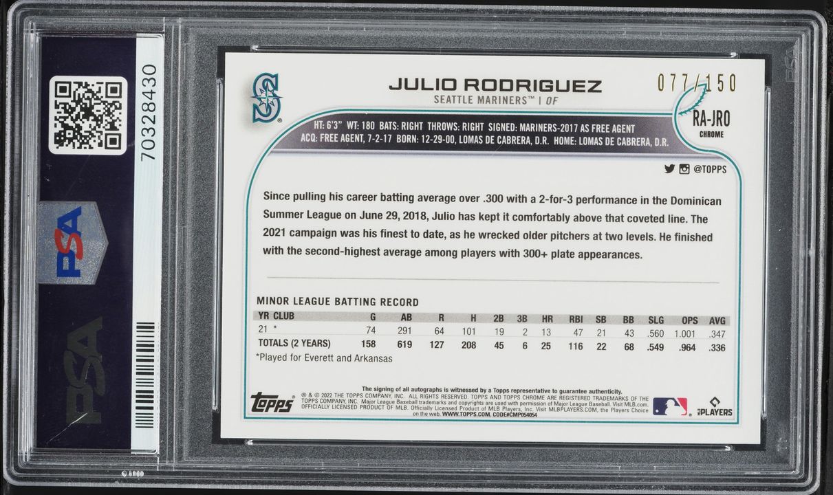 2022 Topps Chrome Blue Refractor Julio Rodriguez ROOKIE AUTO /150 