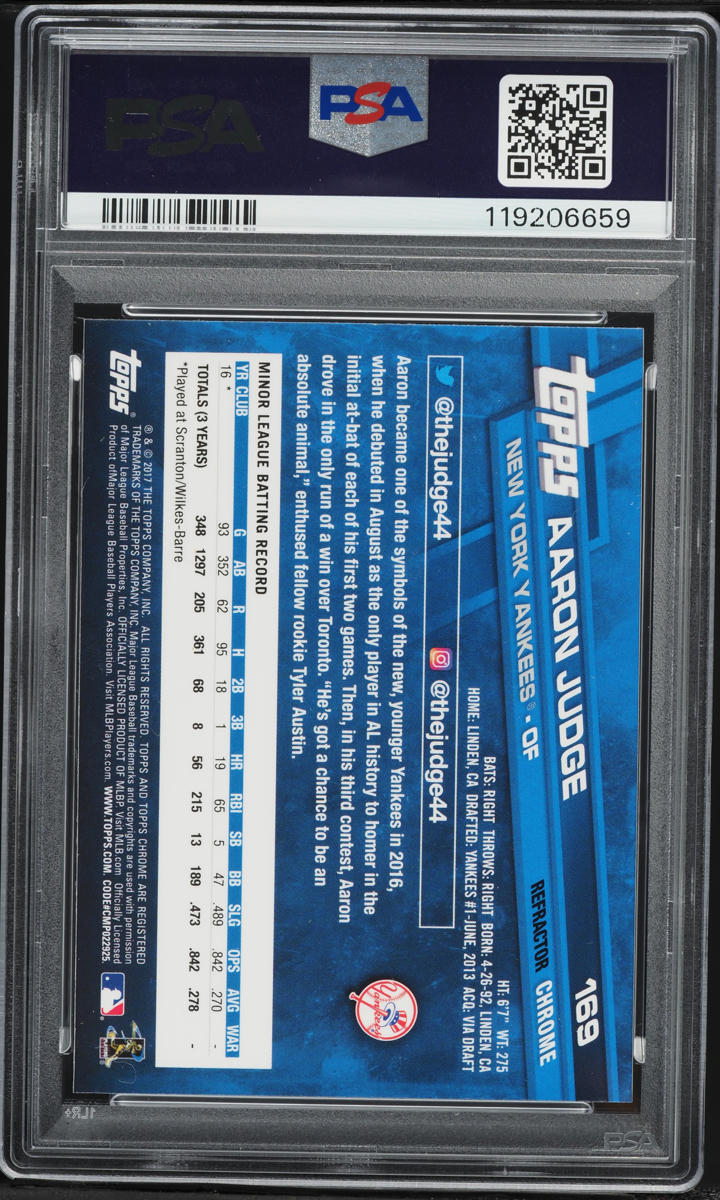 2017 Topps Chrome Catching Refractor Aaron Judge ROOKIE #169 PSA 10 GEM MINT