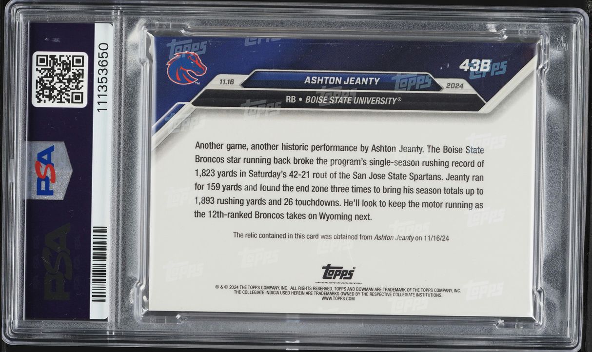 2024 Bowman U Now Game-Used Ball Relic-Purple Ashton Jeanty ROOKIE PATCH /25 #43B PSA 10 GEM