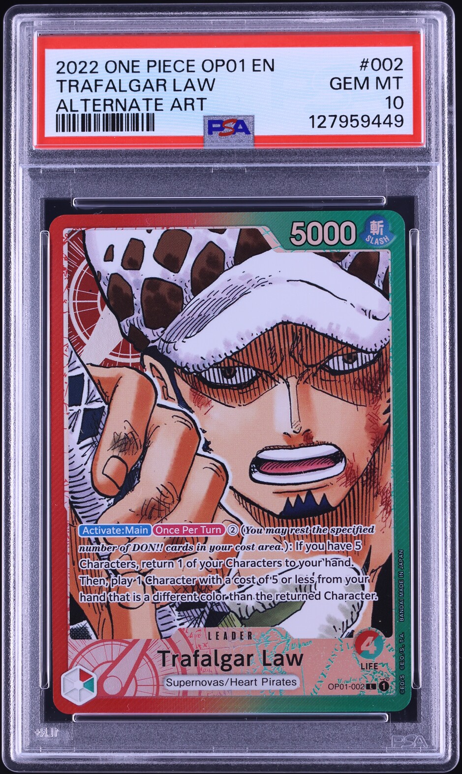 2022 One Piece Romance Dawn Leader Pre Errata Alt Art Trafalgar Law #OP01-002 PSA 10 GEM MINT