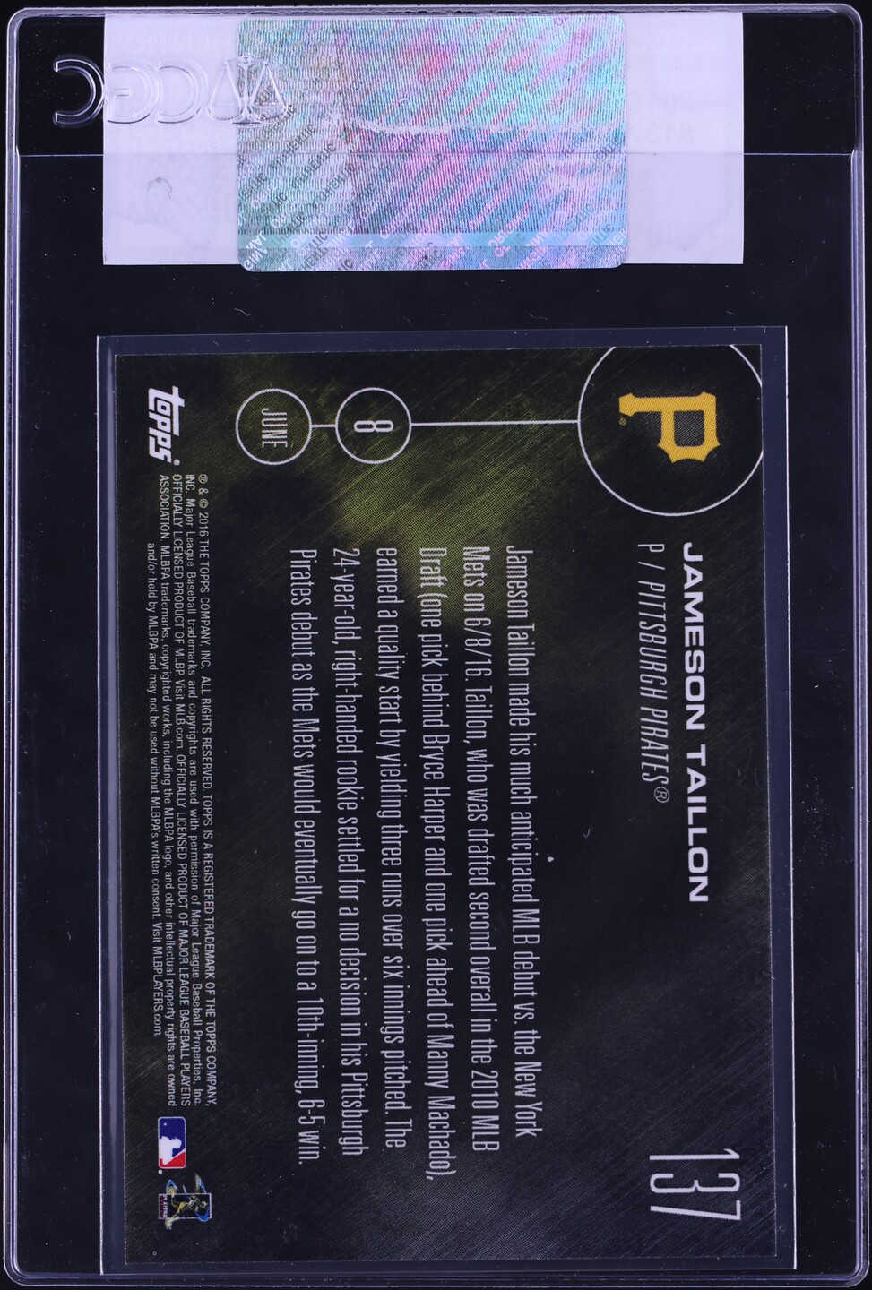2016 Topps Now Jameson Taillon ROOKIE #137 CGC AUTH