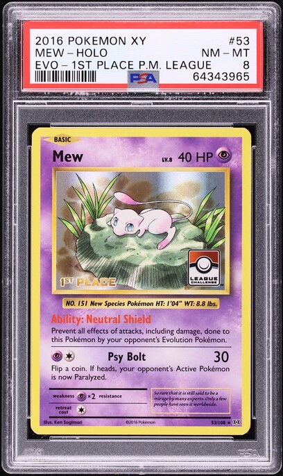 2016 Pokemon XY Evolutions 1st Place League Holo Mew #53 PSA 8 NM
