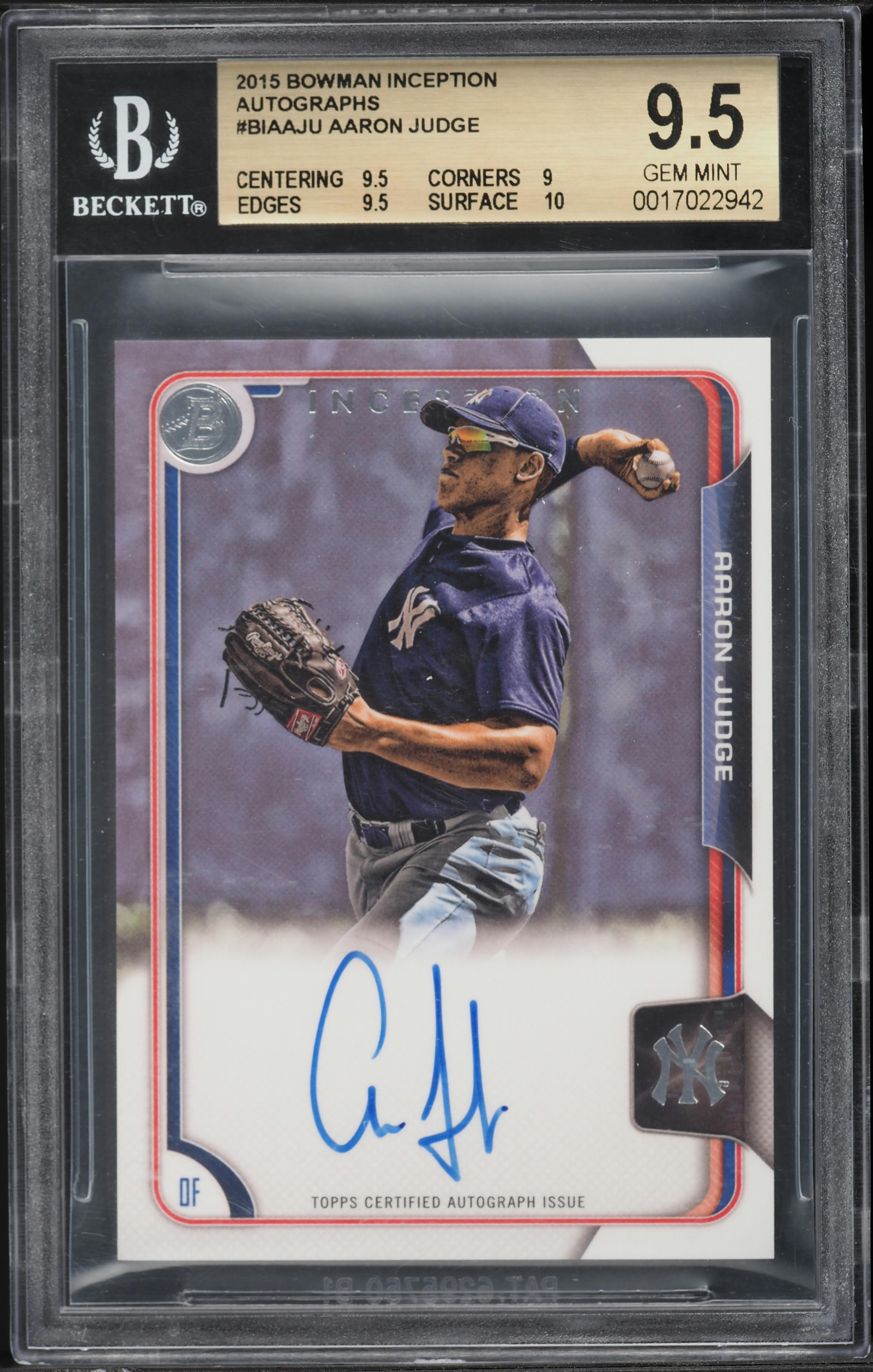 2015 Bowman Inception Aaron Judge ROOKIE AUTO #BIA-AJU BGS 9.5 GEM