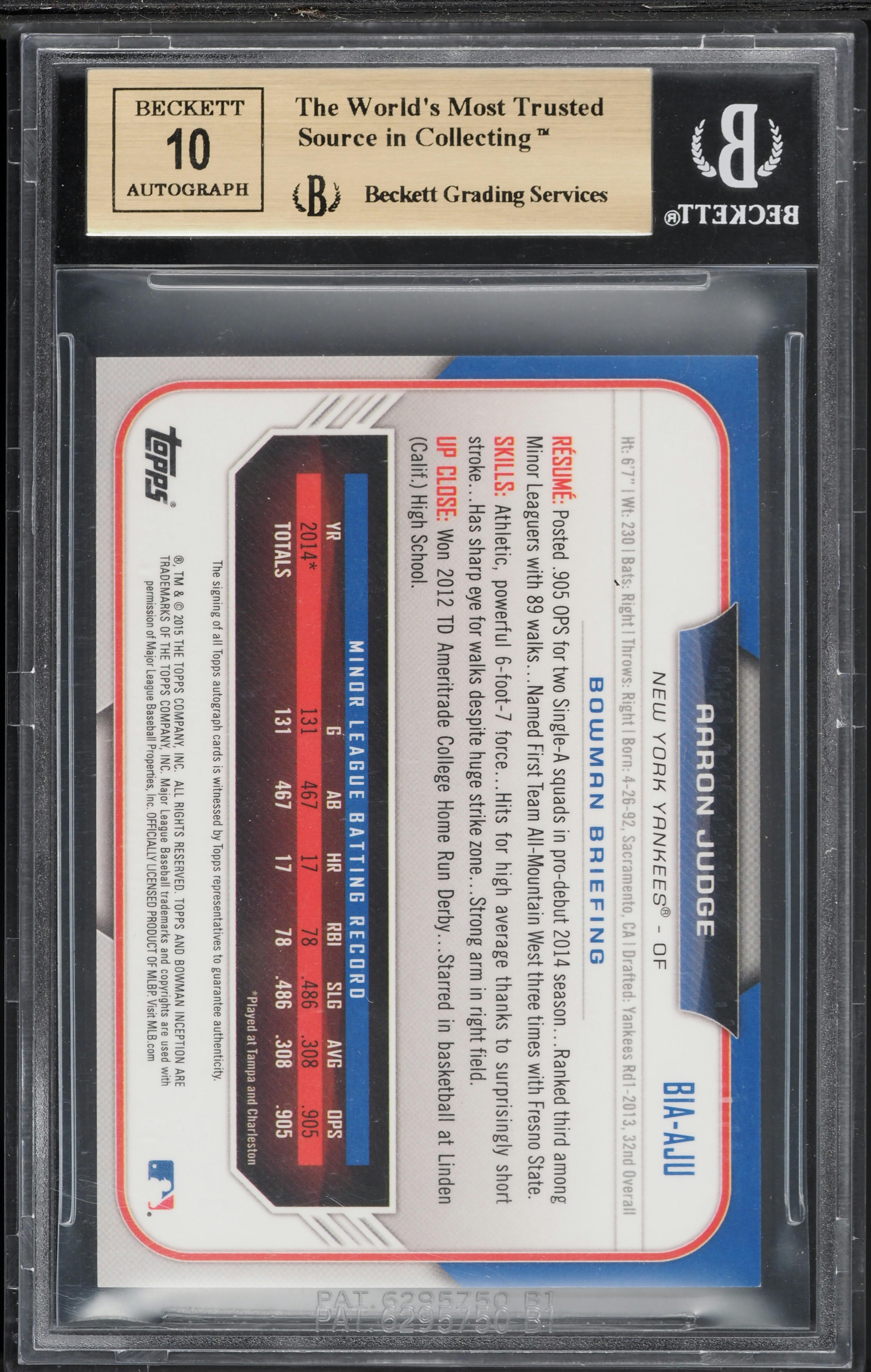 2015 Bowman Inception Aaron Judge ROOKIE AUTO #BIA-AJU BGS 9.5 GEM