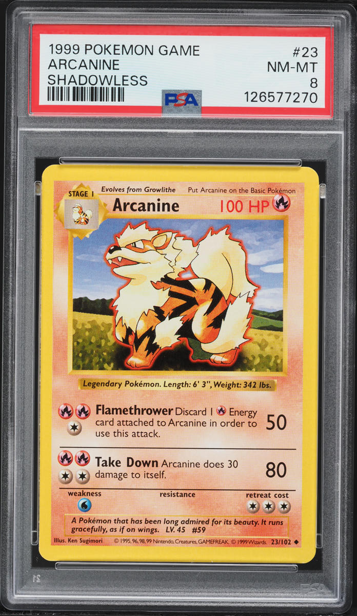 1999 Pokemon Base Set Shadowless Arcanine #23 PSA 8 NM-MT