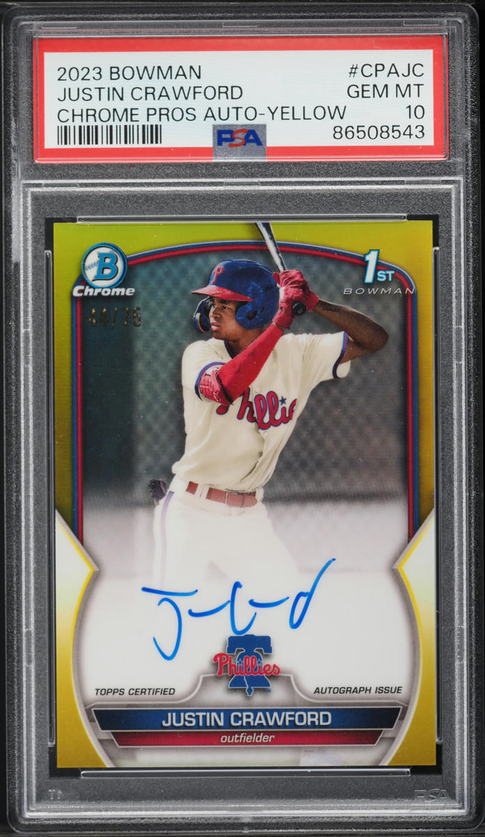 2023 Bowman Chrome Yellow Refractor Justin Crawford PROSPECT AUTO /75 #CPA-JC PSA 10 GEM MINT
