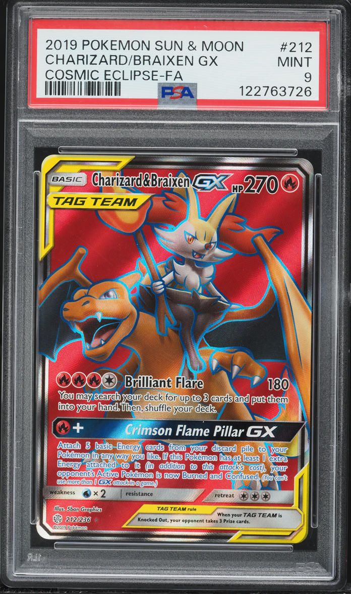 2019 Pokemon Sun & Moon Cosmic Eclipse Full Art Charizard & Braixen GX #212 PSA 9 MINT