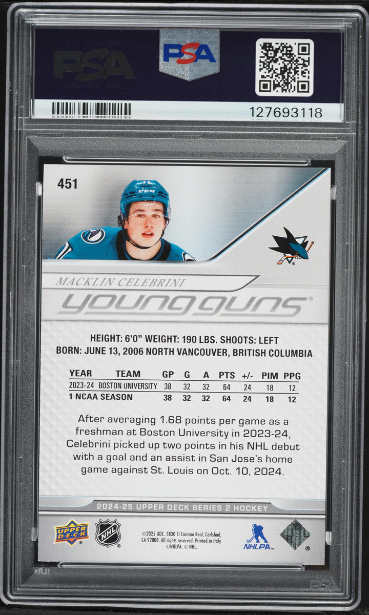 2024 Upper Deck Young Guns Macklin Celebrini ROOKIE #451 PSA 9 MINT