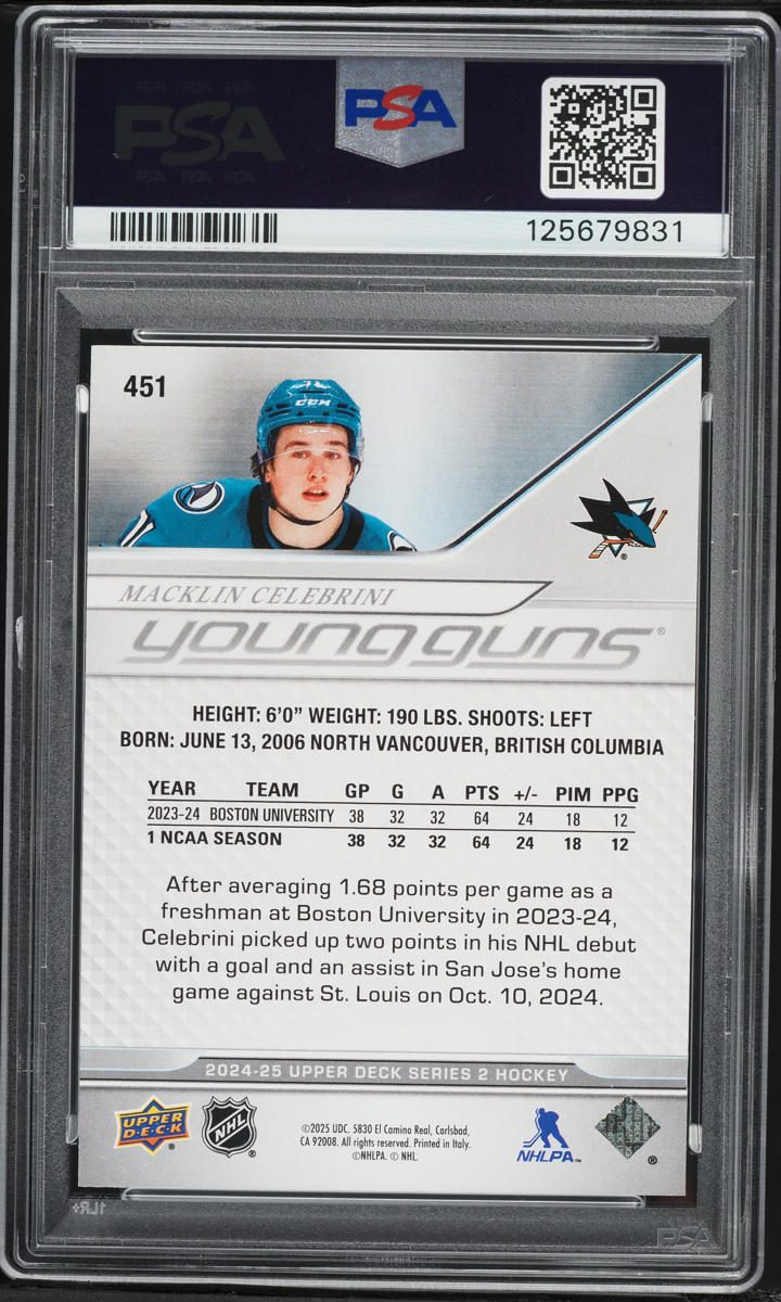 2024 Upper Deck Young Guns Macklin Celebrini ROOKIE #451 PSA 10 GEM MINT