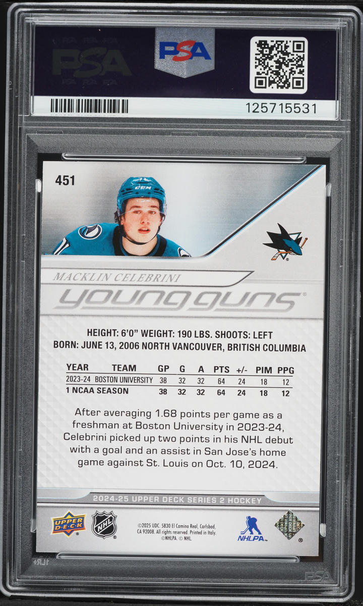 2024 Upper Deck Young Guns Macklin Celebrini ROOKIE #451 PSA 10 GEM MINT