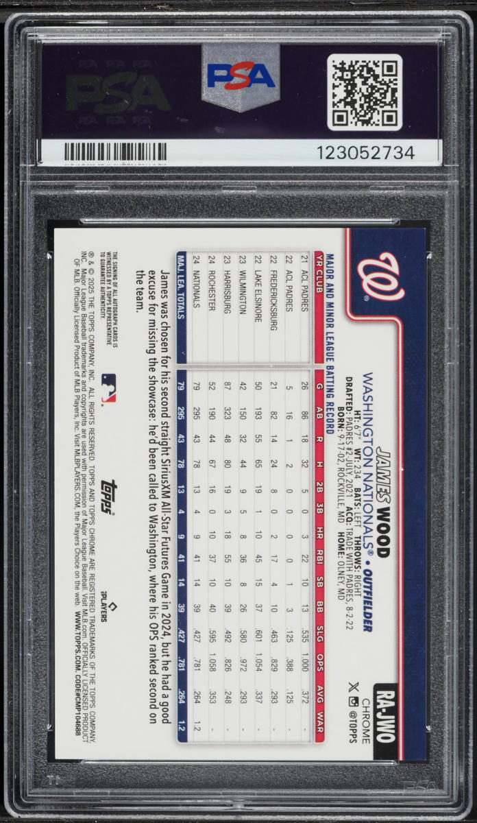 2025 Topps Chrome Orange Wave James Wood ROOKIE AUTO /25 #RA-JWO PSA 9 MINT