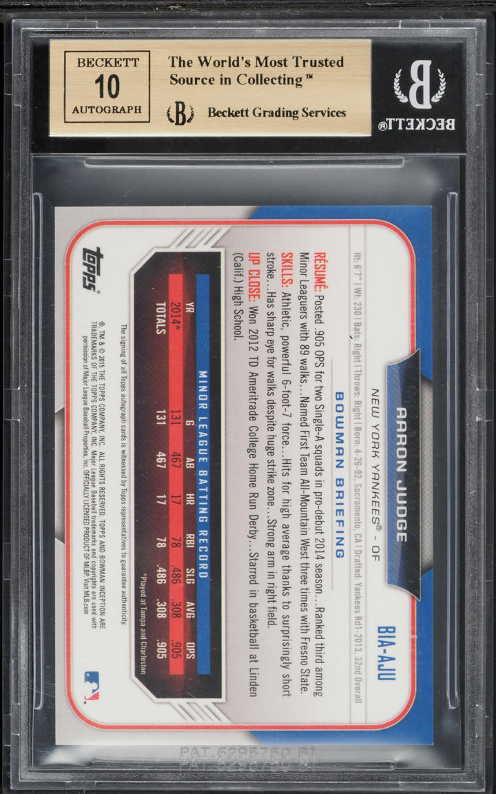 2015 Bowman Inception Aaron Judge ROOKIE AUTO #BIA-AJU BGS 9.5 GEM