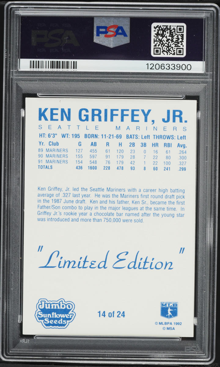 1992 Jumbo Sunflower Seeds Ken Griffey Jr #14 PSA 10 GEM MINT on