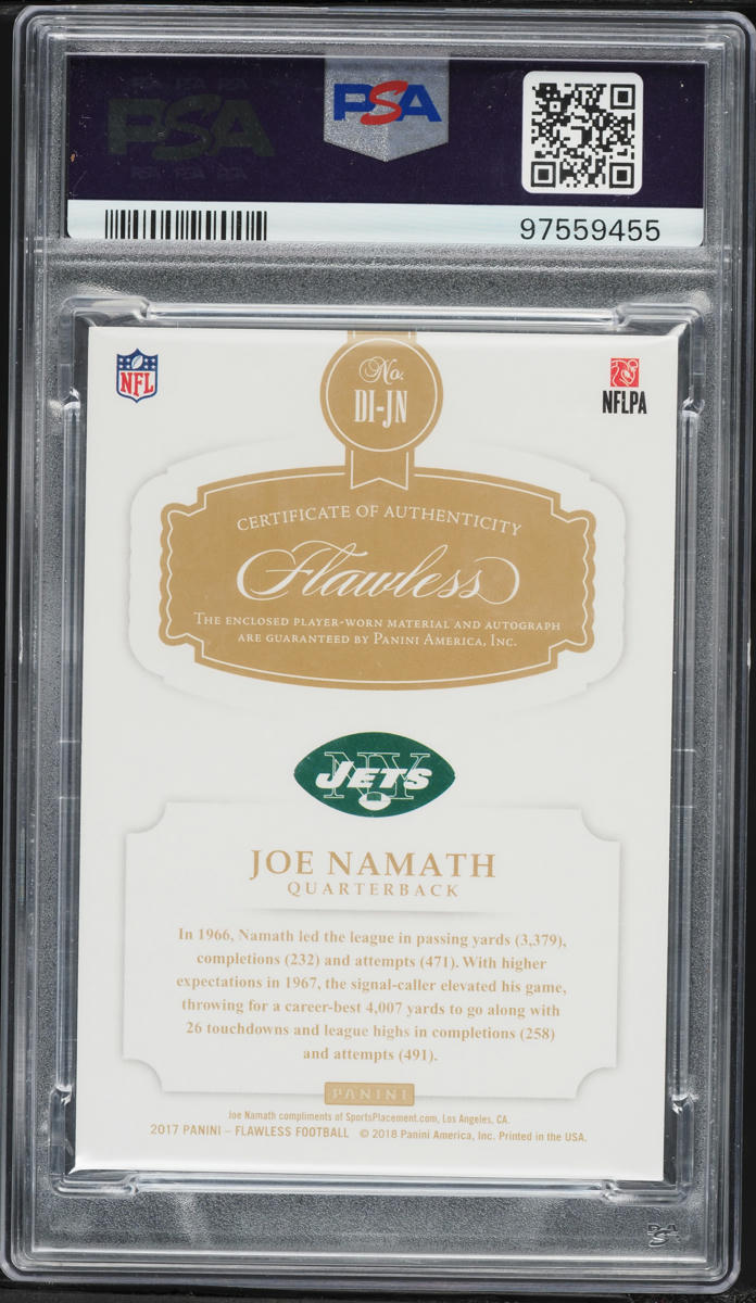 2017 Panini Flawless Distinguished Siver Joe Namath  PATCH AUTO /5 #DI-JN PSA 10 GEM MINT
