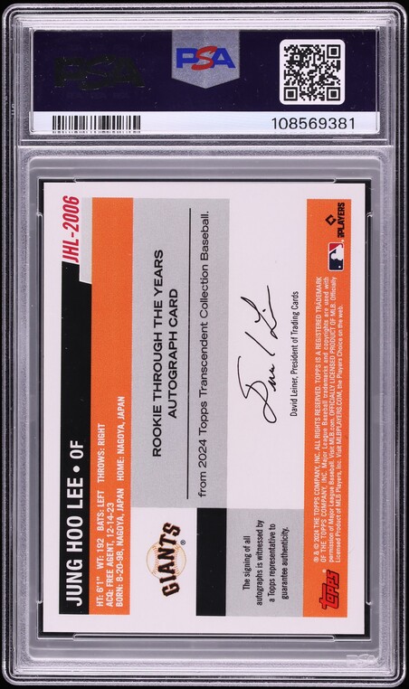 2024 Topps Transcendent Collection Through the Years Jung Hoo Lee ROOKIE AUTO 1/1 PSA 10 GEM