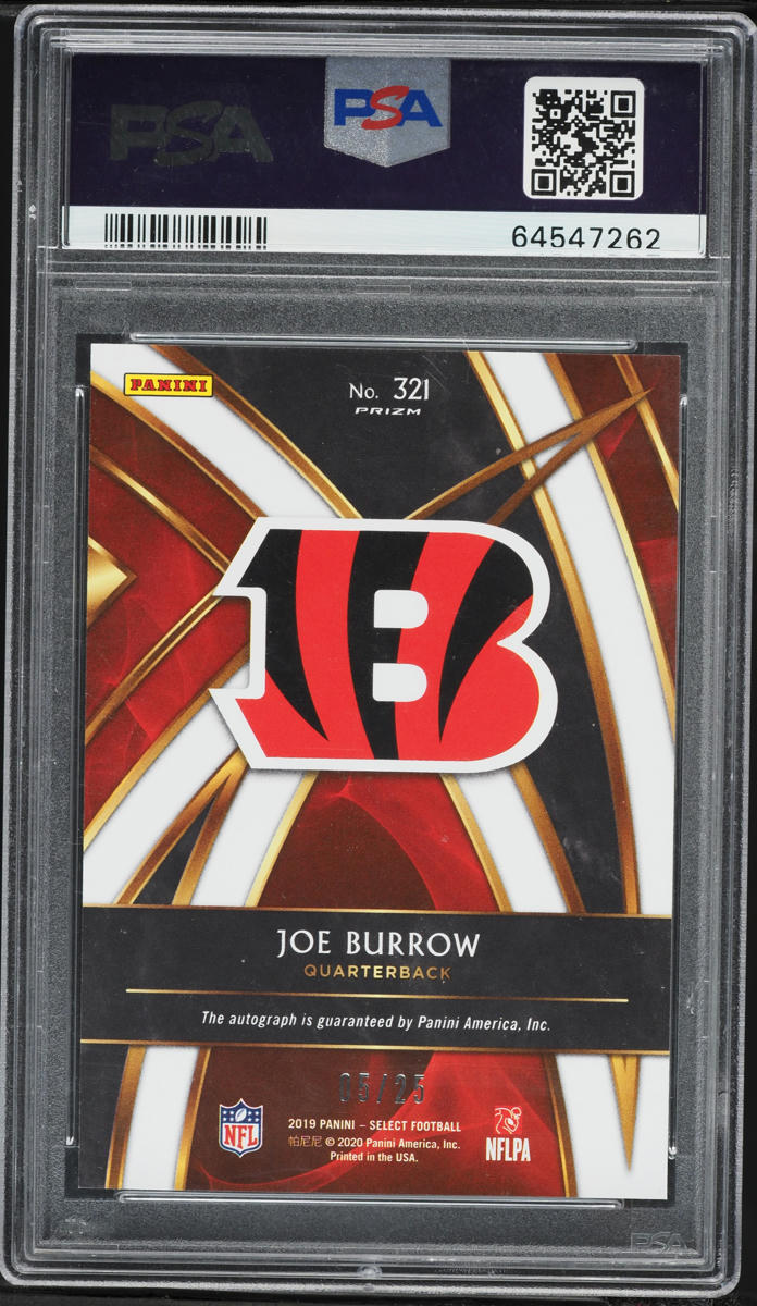 2019 Select '20 XRC Tie-Dye Prizm Joe Burrow ROOKIE AUTO /25 #321 PSA 9 MINT