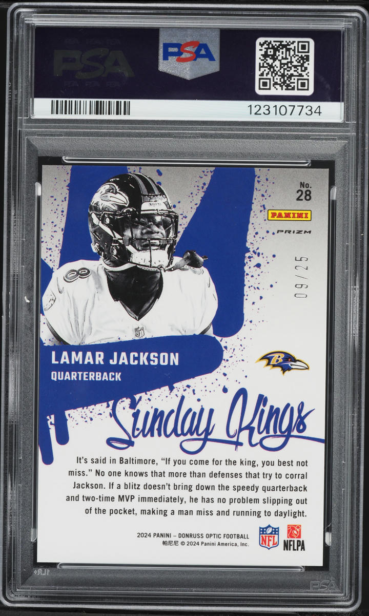 2024 Donruss Optic Sunday Kings Black Pandora Lamar Jackson /25 #28 PSA 10 GEM MINT