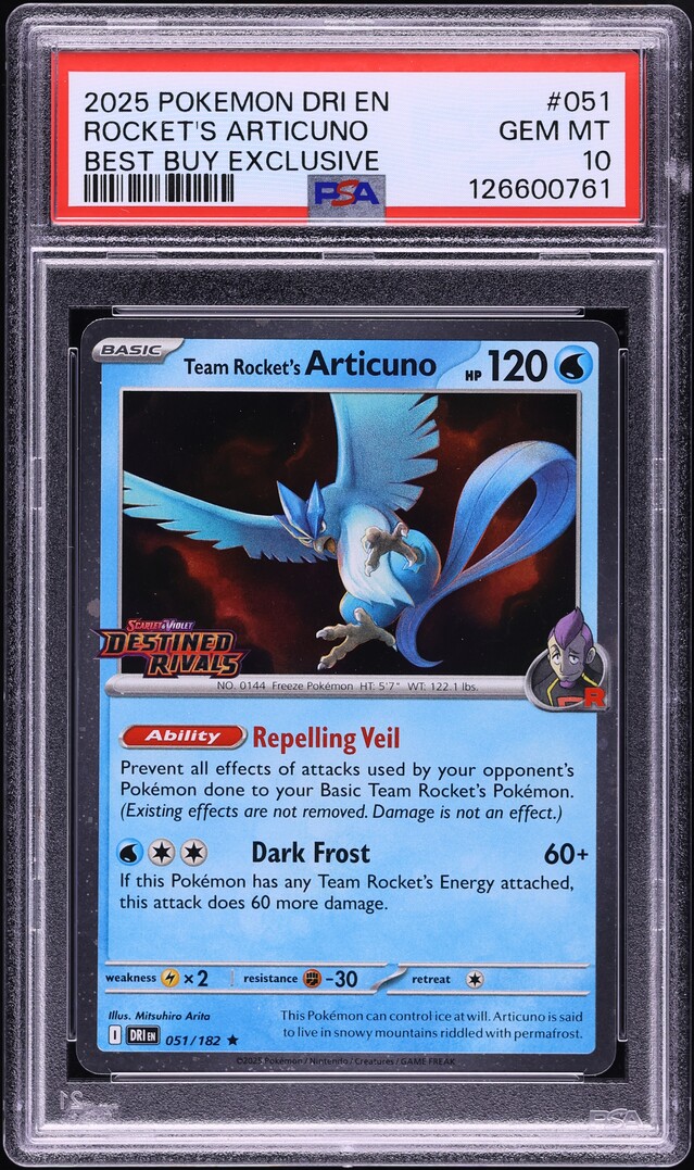 2025 Pokemon SV Destined Rivals Best Buy Exclusive Rocket's Articuno #051 PSA 10 GEM MINT