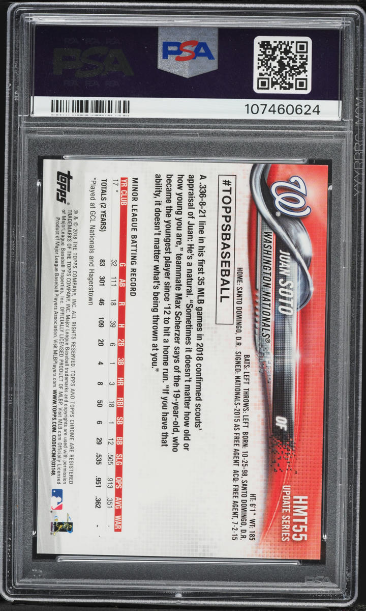 2018 Topps Chrome Update Pink Refractor Juan Soto ROOKIE #HMT55 PSA 10 GEM MINT