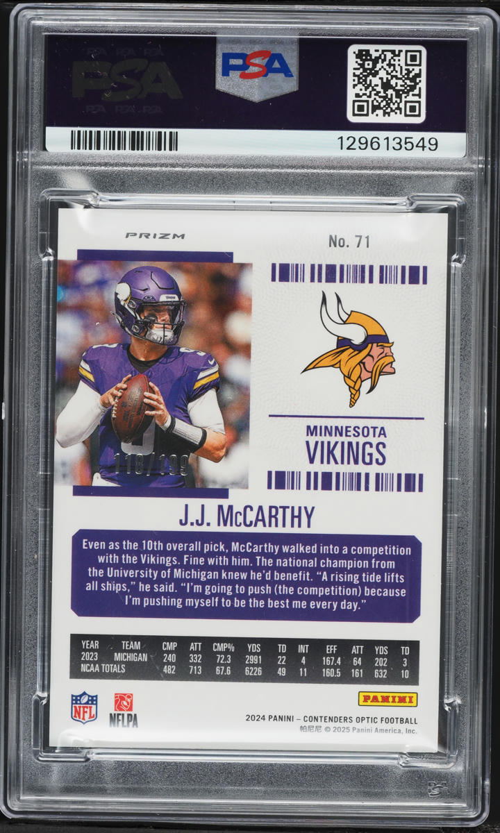 2024 Panini Contenders Optic Red JJ McCarthy ROOKIE /199 #71 PSA 9 MINT