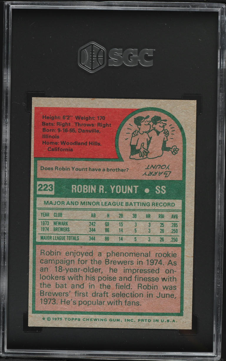 1975 Topps Robin Yount ROOKIE #223 SGC 6 EXMT