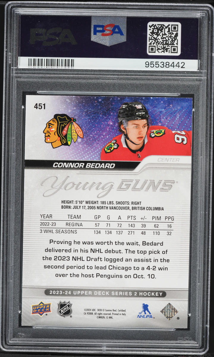 2023 Upper Deck Young Guns Outburst Connor Bedard ROOKIE #451 PSA 9 MINT