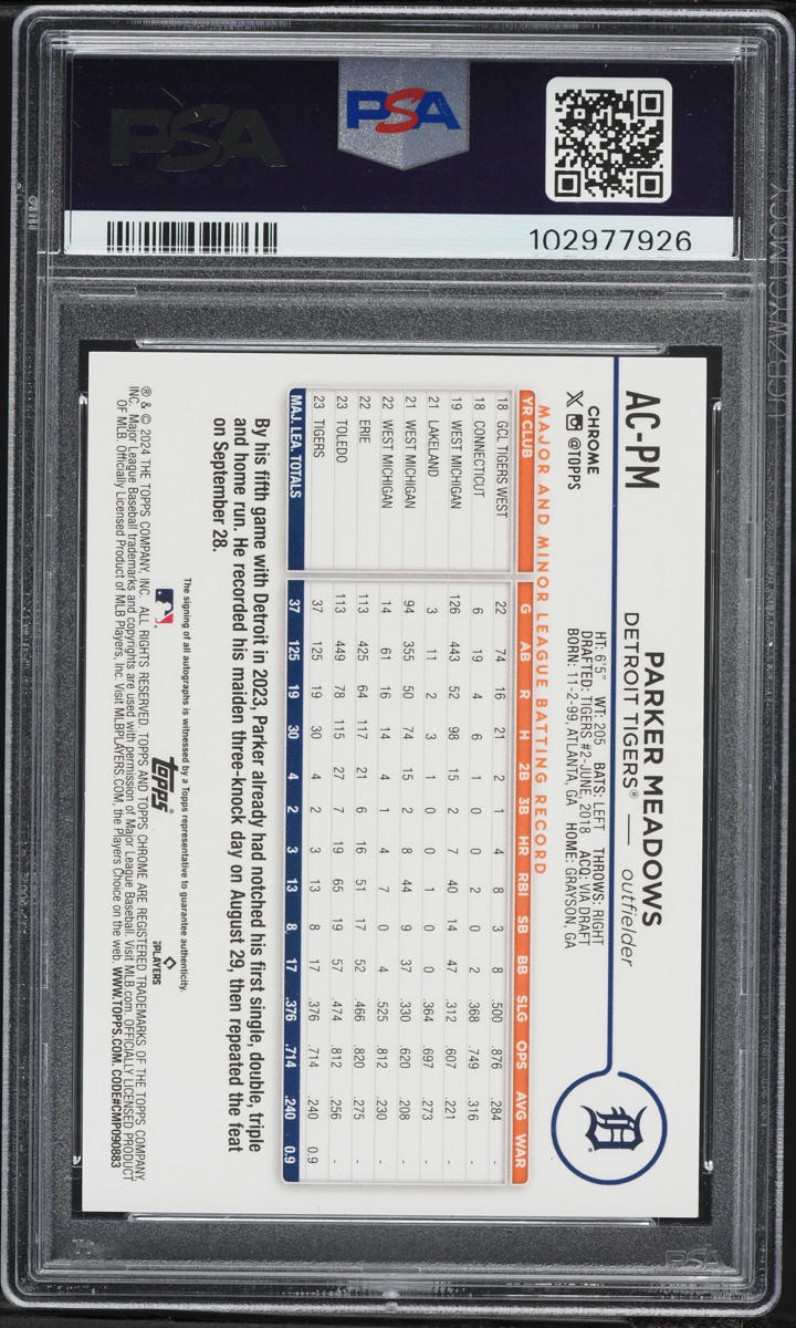 2024 Topps Chrome Update Purple Speckle Parker Meadows ROOKIE AUTO /299 #AC-PM PSA 10 GEM MINT