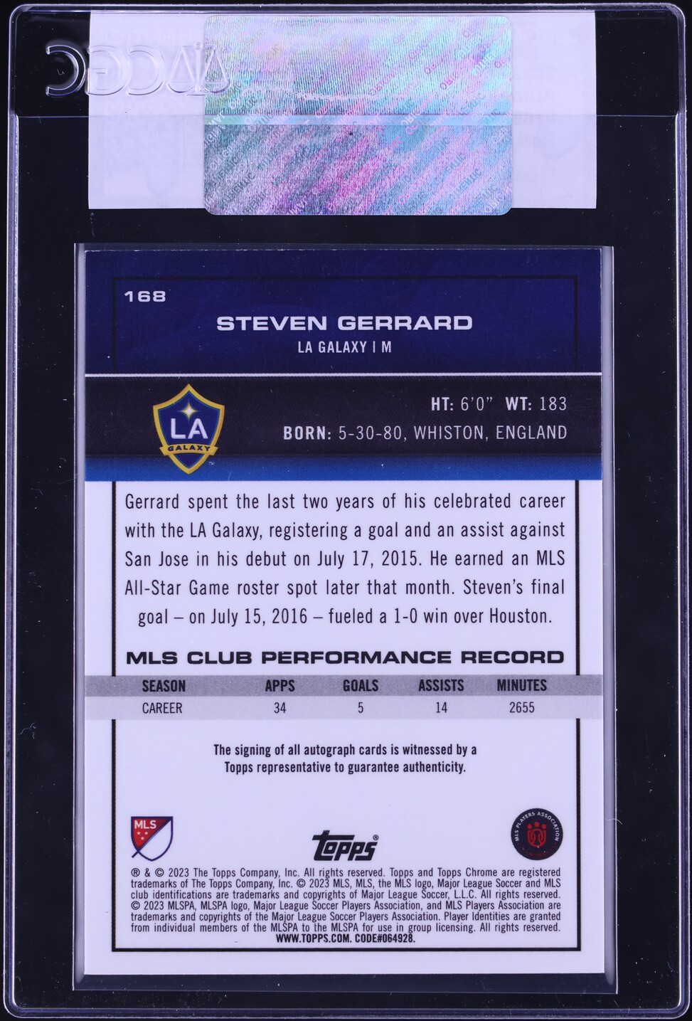 2023 Topps Chrome MLS Red Refractor Steven Gerrard AUTO /5 #168 CGC AUTH