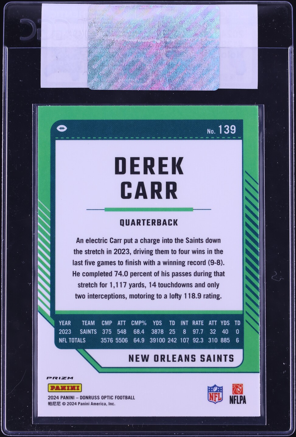2024 Donruss Optic Holo Derek Carr #139 CGC AUTH