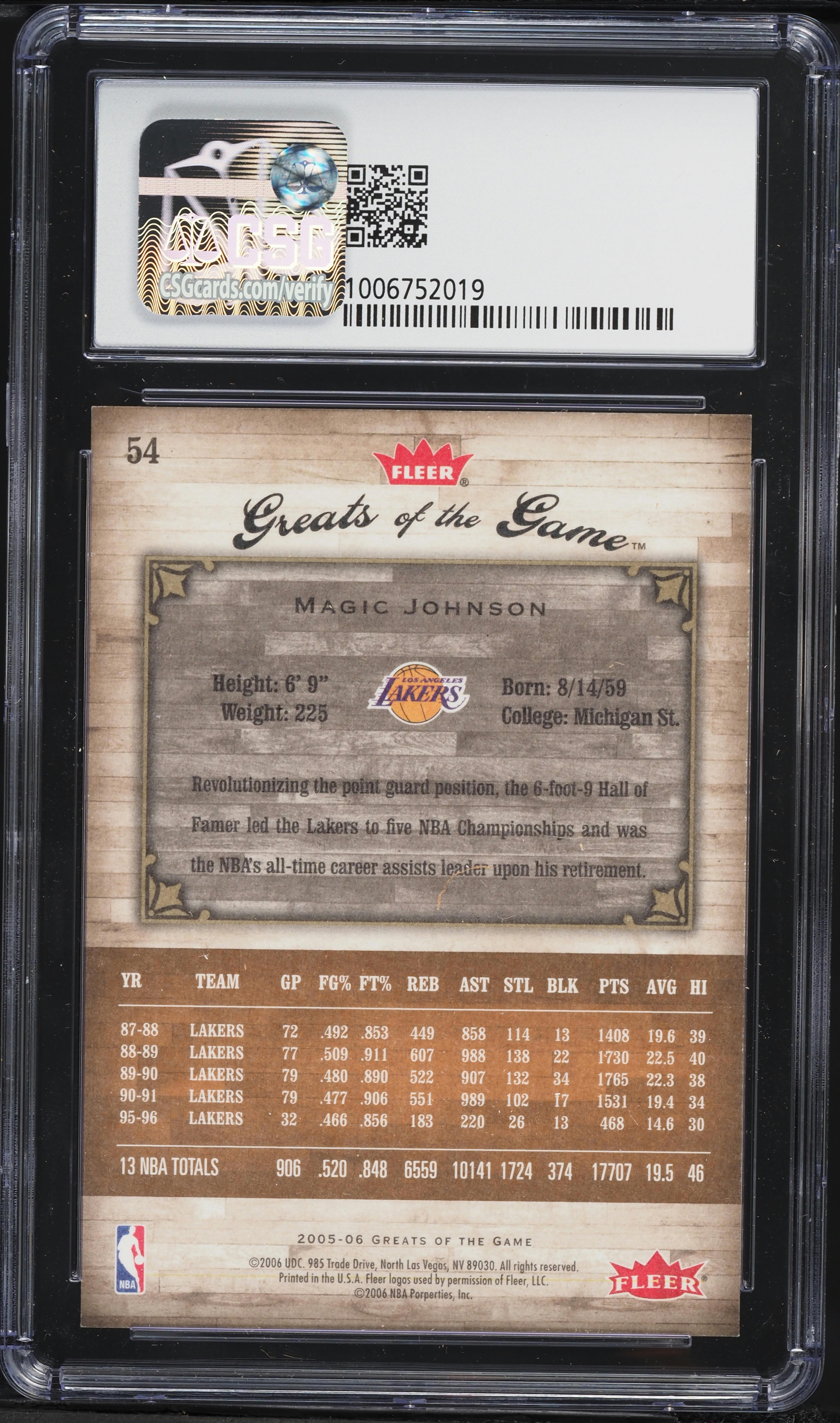2005 Fleer Greats Of The Game Gold Magic Johnson /99 #54 CSG 8 NM