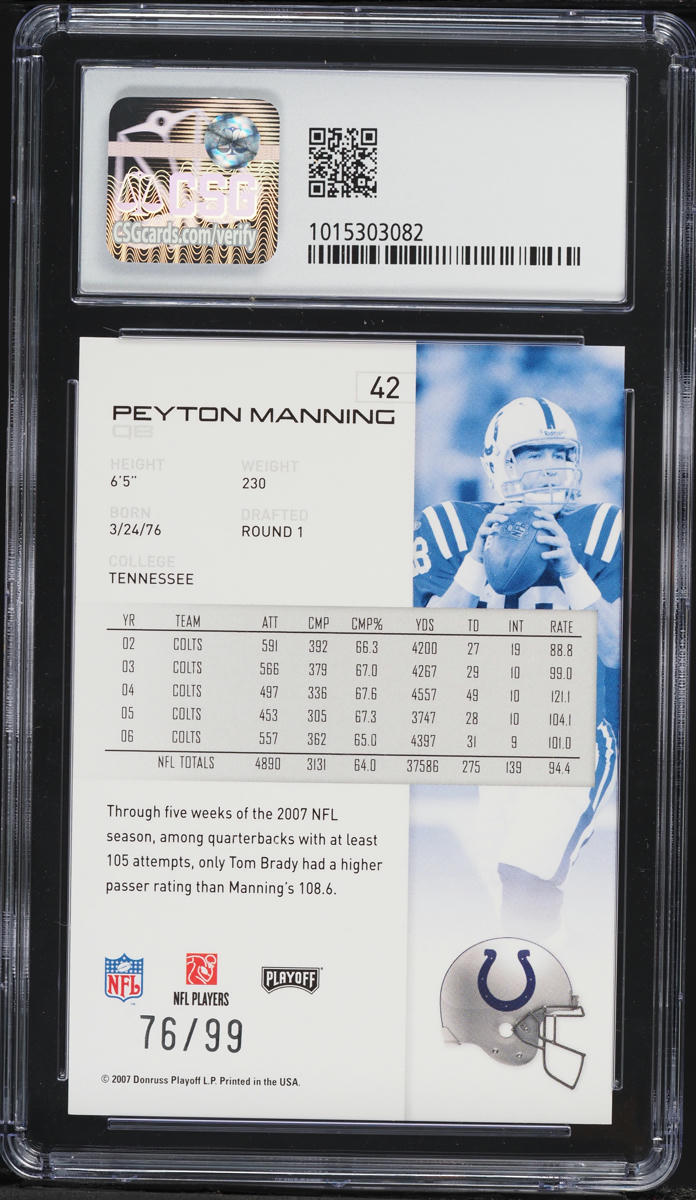 2007 Playoff NFL Playoffs Silver Holofoil Peyton Manning /99 #42 CSG 9 MINT