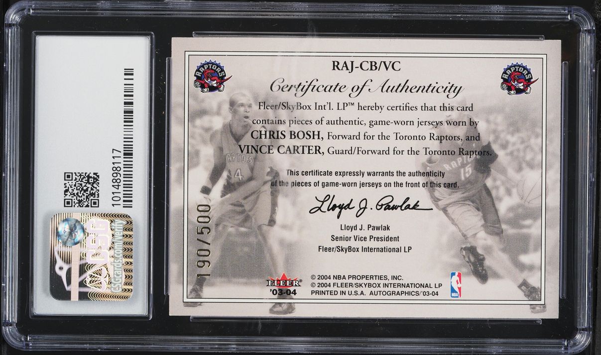 2003 SkyBox Autographics Affirmed Game Used Vince Carter Chris Bosh ROOKIE PATCH /500 CSG 9
