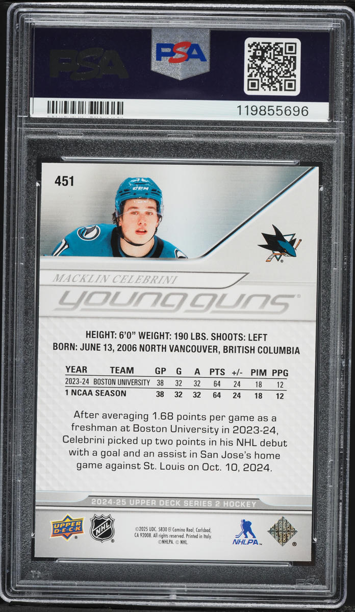 2024 Upper Deck Young Guns Macklin Celebrini ROOKIE #451 PSA 10 GEM MINT